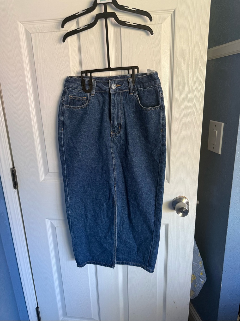 SHEIN Dark Blue High-Rise Denim Midi Skirt